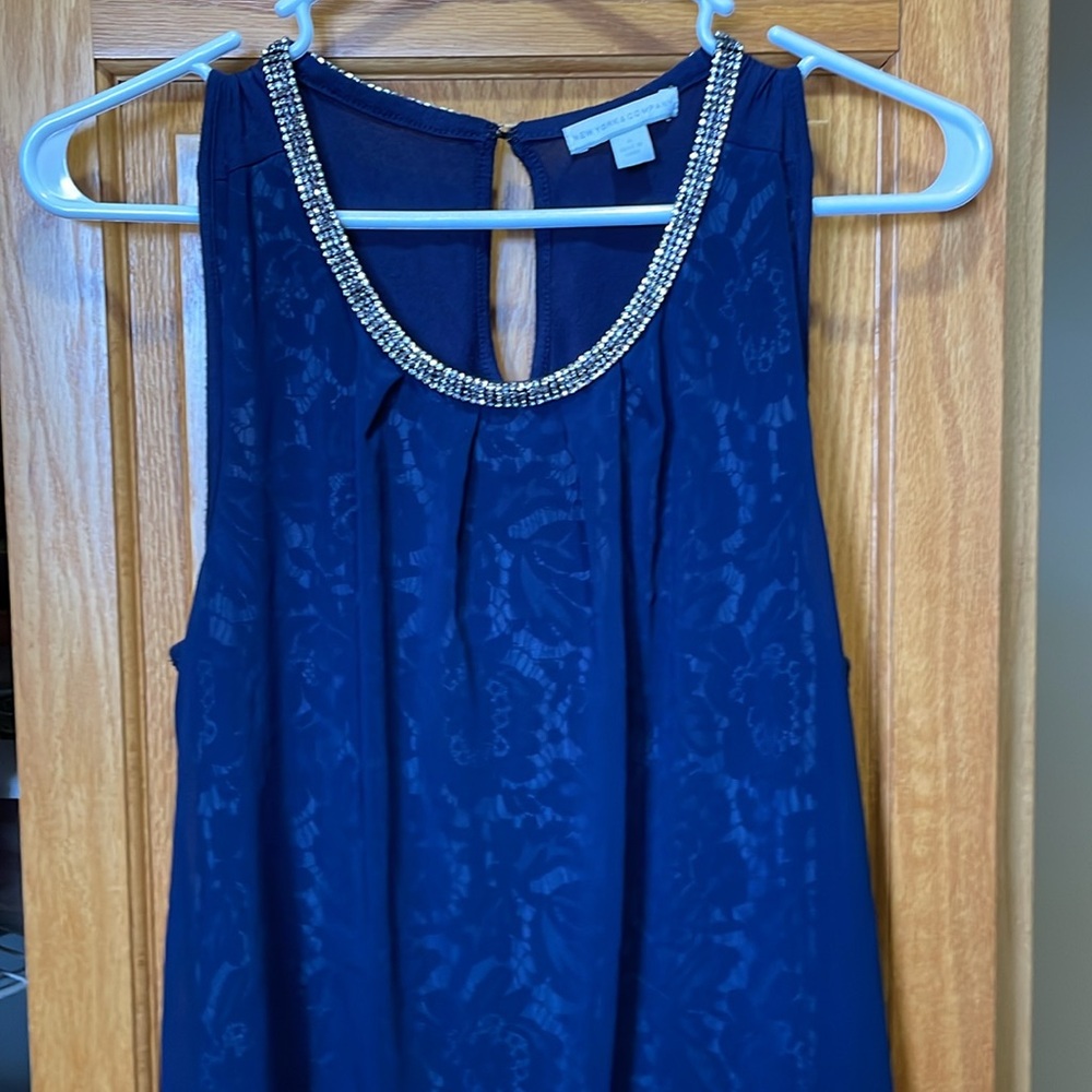 New York & Co. Navy Rhinestone Neck Top